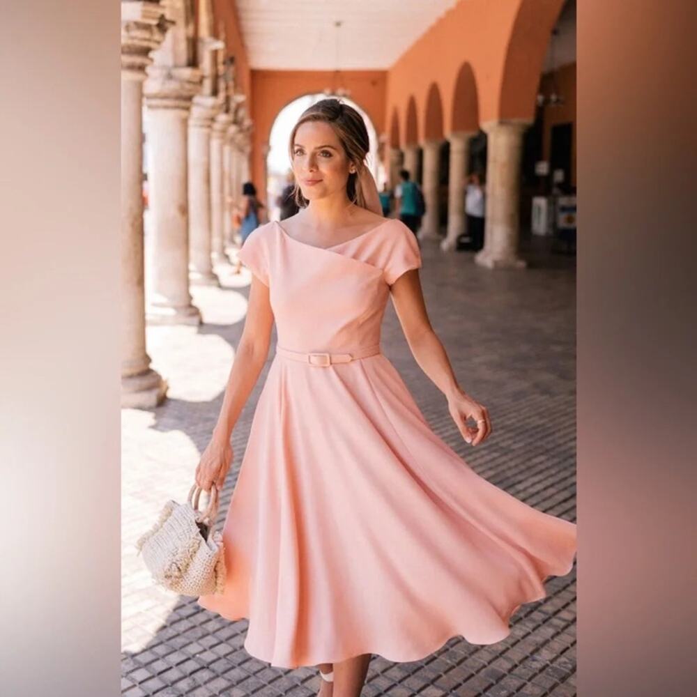 Gal Meets Glam Sally Belted Crepe Fit & Flare Mini Dress Coral Pink 8 NWT
